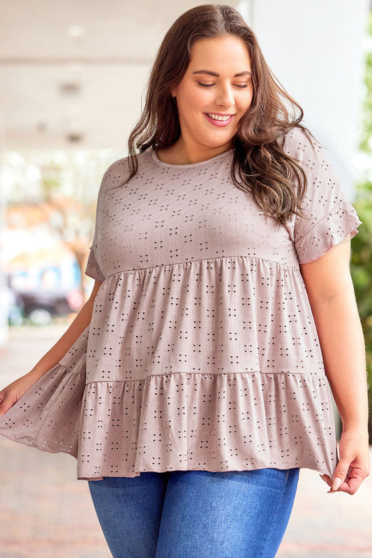 Pink Plus Size Eyelet Pattern Ruffle Sleeve Babydoll Top Plus Size Tops JT's Designer Fashion