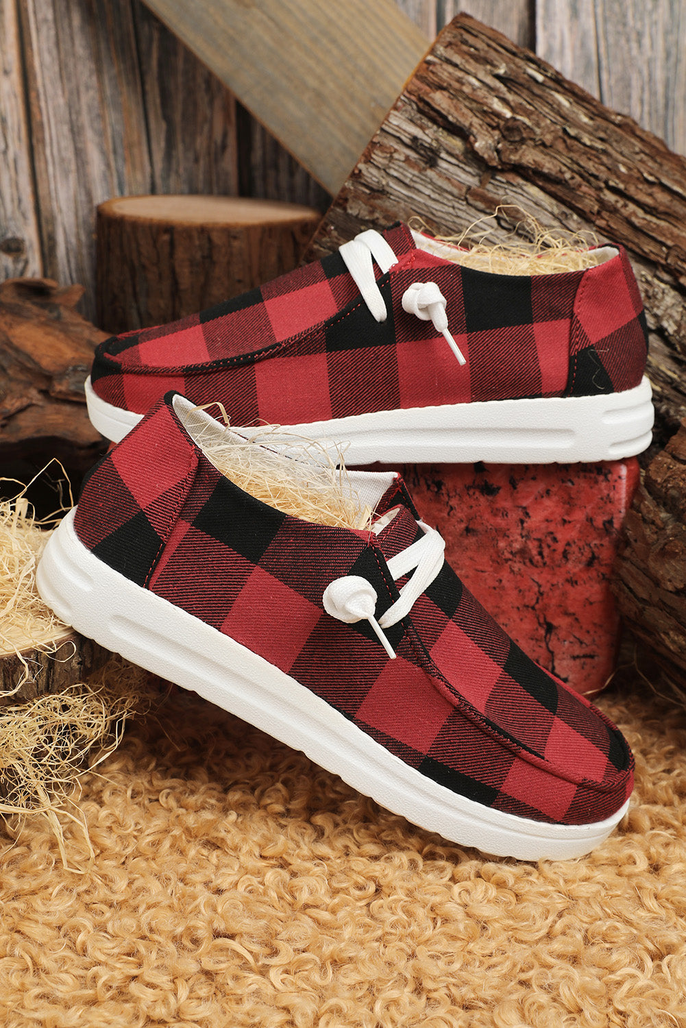 Red Vintage Plaid Lace Up Flat Shoes Women's Shoes JT's Designer Fashion