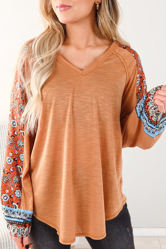 Grapefruit Orange Tribal Floral Patchwork Bubble Sleeve Knit Top Tops & Tees JT's Designer Fashion