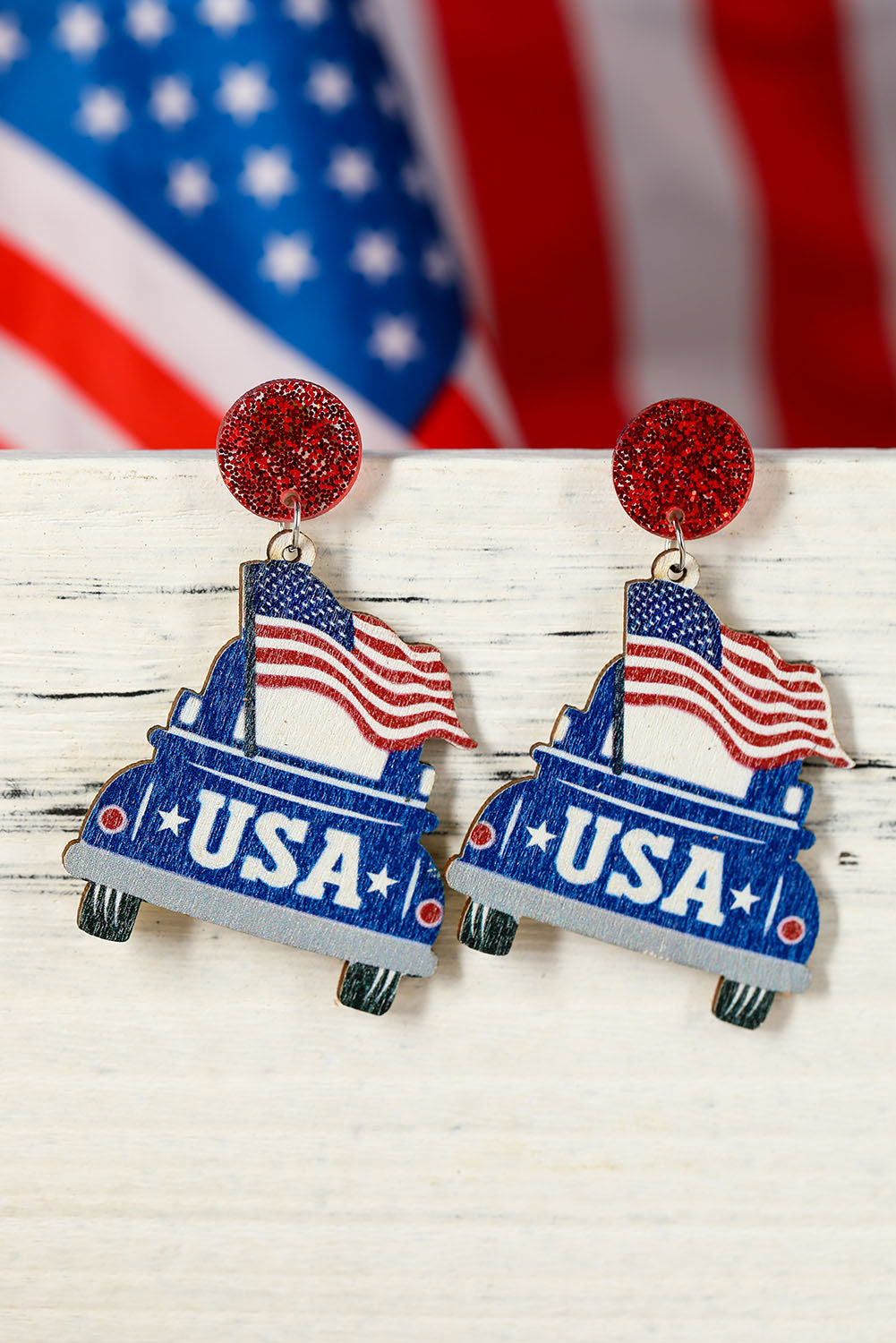 Multicolor USA Flag Car Shape Wood Dangle Earrings Jewelry JT's Designer Fashion