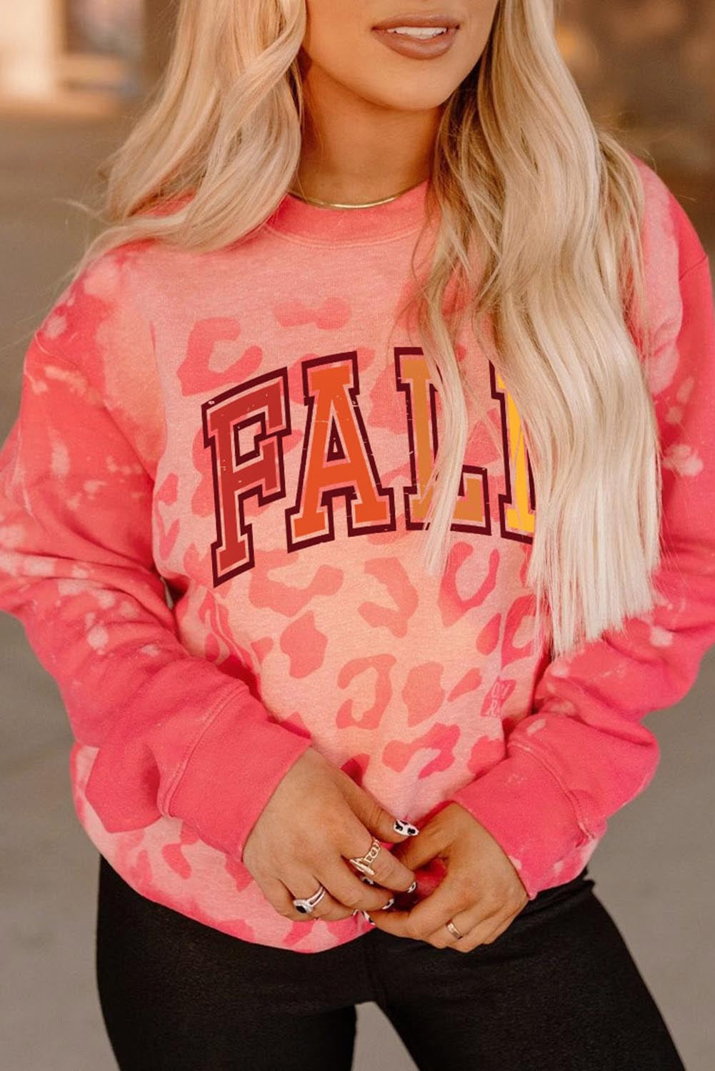 Pink FALL Leopard Print Long Sleeve Pullover Sweatshirt Pink 95%Polyester+5%Elastane Graphic Sweatshirts JT's Designer Fashion