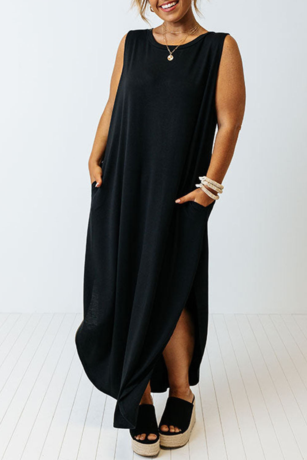 Black Plus Size Wide Sleeveless Shoulder Straps Maxi Dress Black 65%Polyester+30%Viscose+5%Elastane Plus Size Dresses JT's Designer Fashion