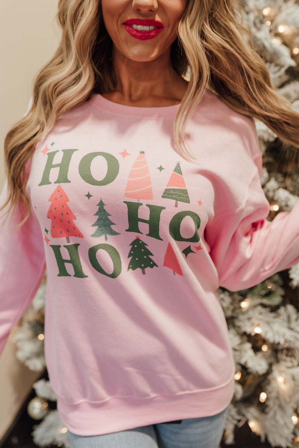 Pink Christmas Tree HO Graphic Pullover Sweatshirt Pink 70%Polyester+30%Cotton Graphic Sweatshirts JT's Designer Fashion