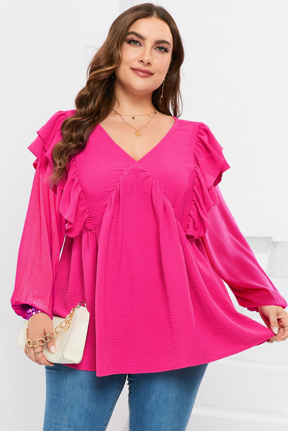 Pink Textured Ruffled V Neck Plus Size Blouse Plus Size JT's Designer Fashion