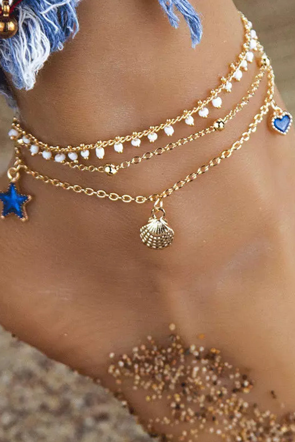 Gold 3Pcs Bohemian Star Beading Shell Anklet Jewelry JT's Designer Fashion