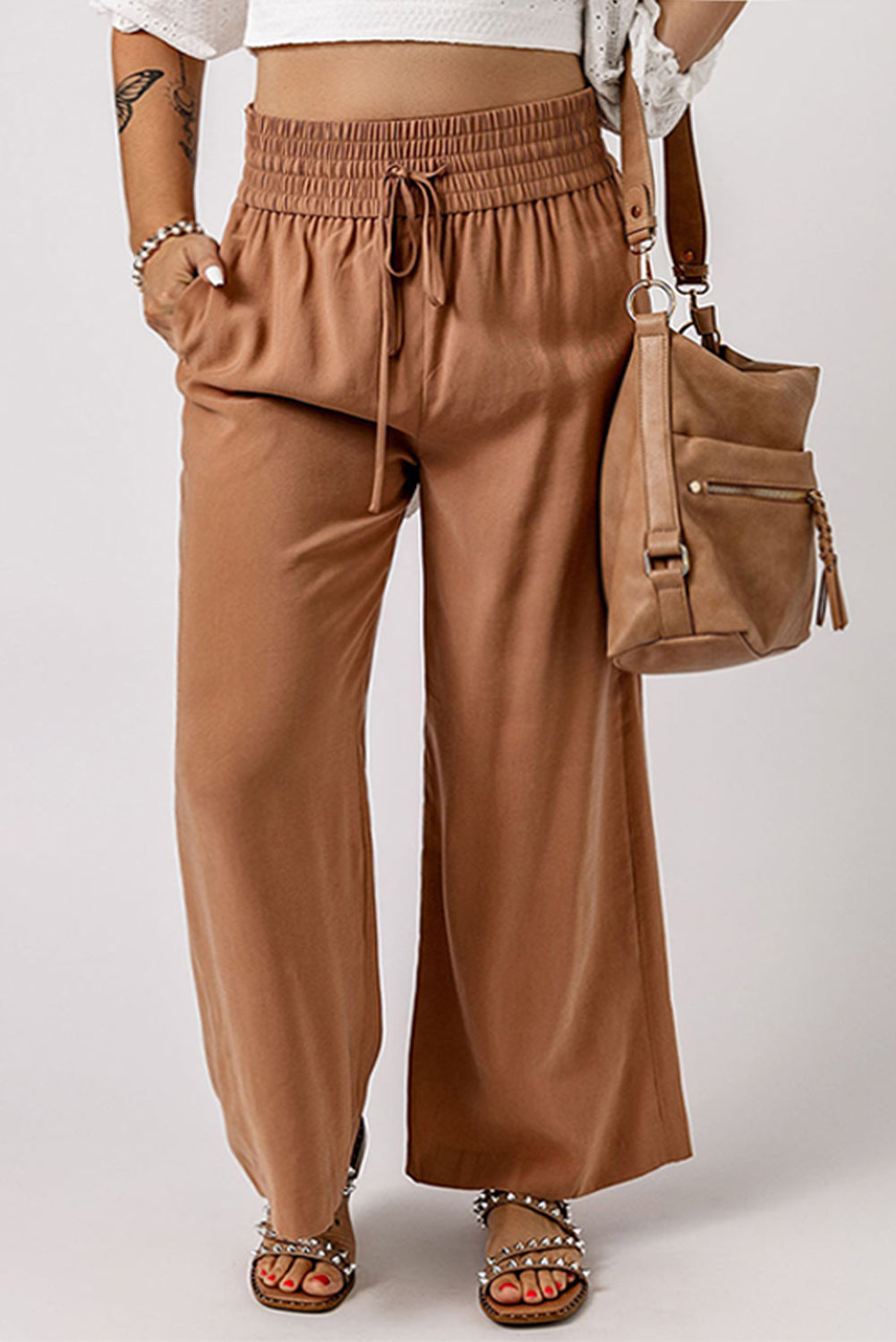 Brown Drawstring Smocked Waist Wide Leg Plus Size Pants Plus Size Bottoms JT's Designer Fashion