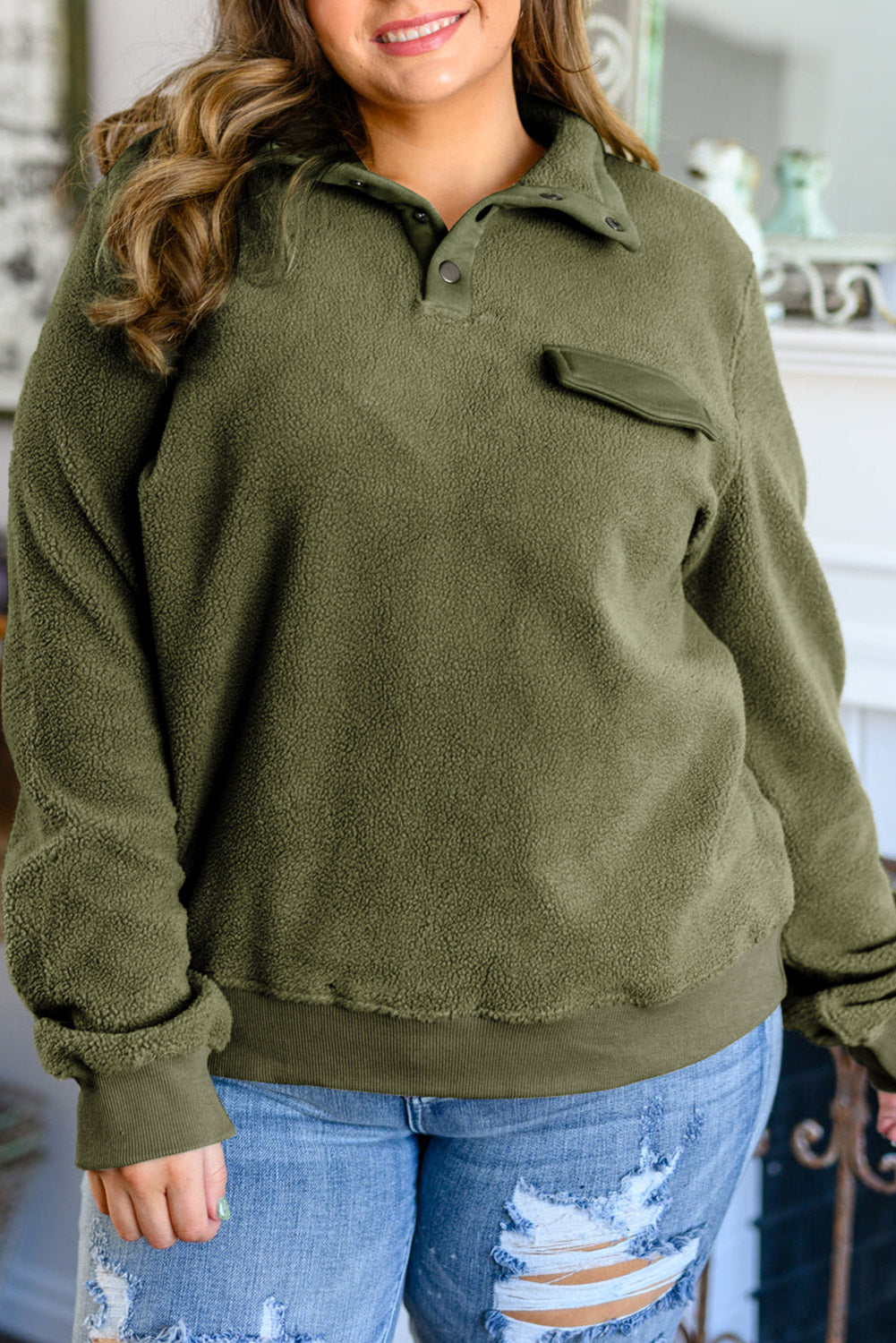 Green Button Split Neck Plus Size Fleece Sweatshirt Plus Size JT's Designer Fashion