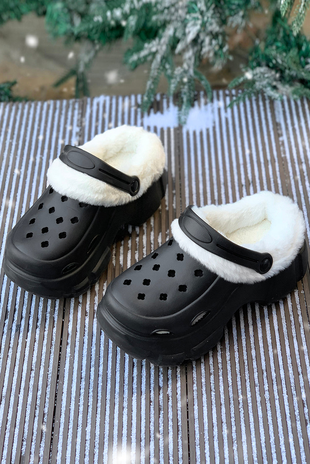 Black Plush Lining Winter Hollowed Clogs Slippers JT's Designer Fashion