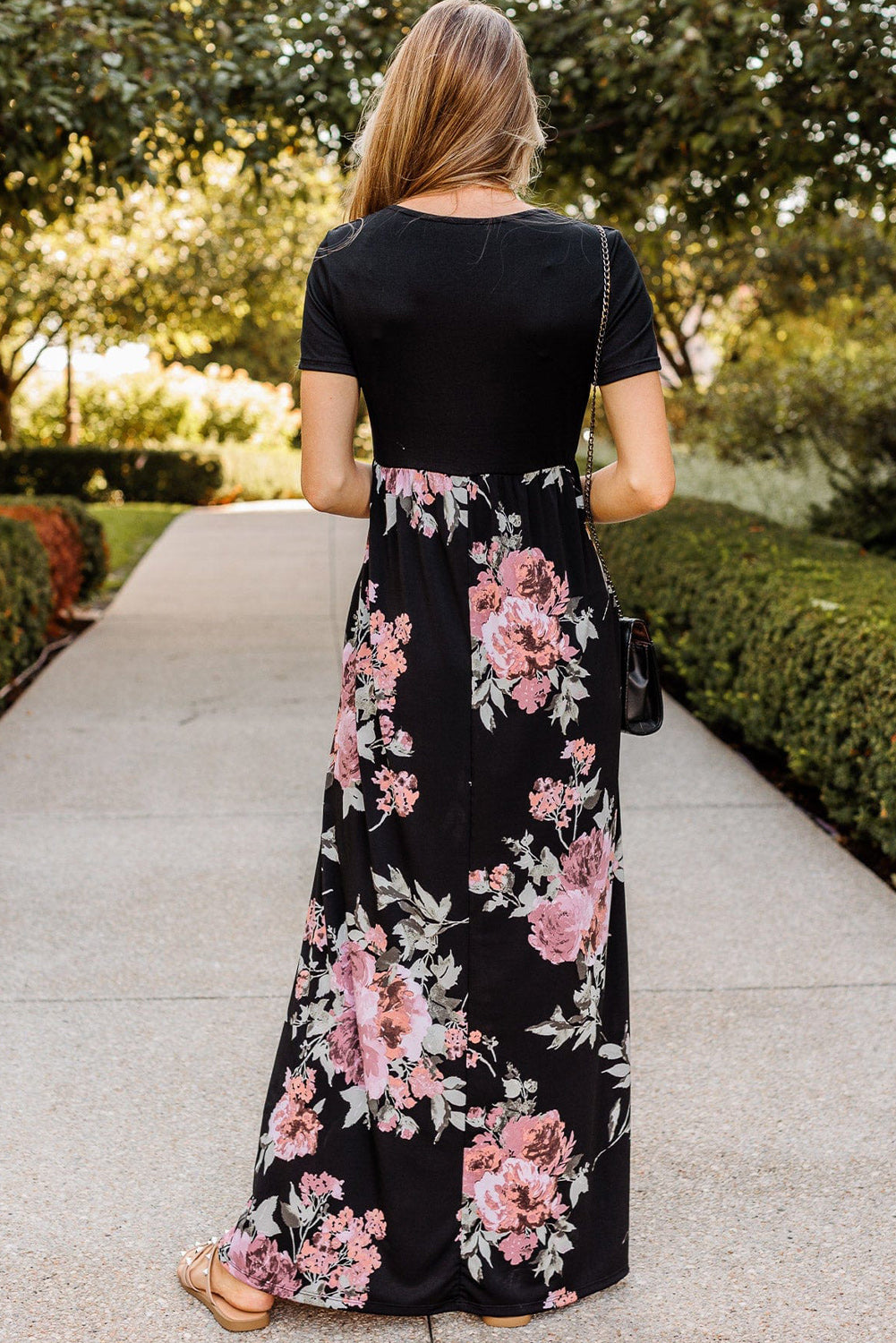 Black Contrast Floral Empire Waist Maxi Dress Maxi Dresses JT's Designer Fashion