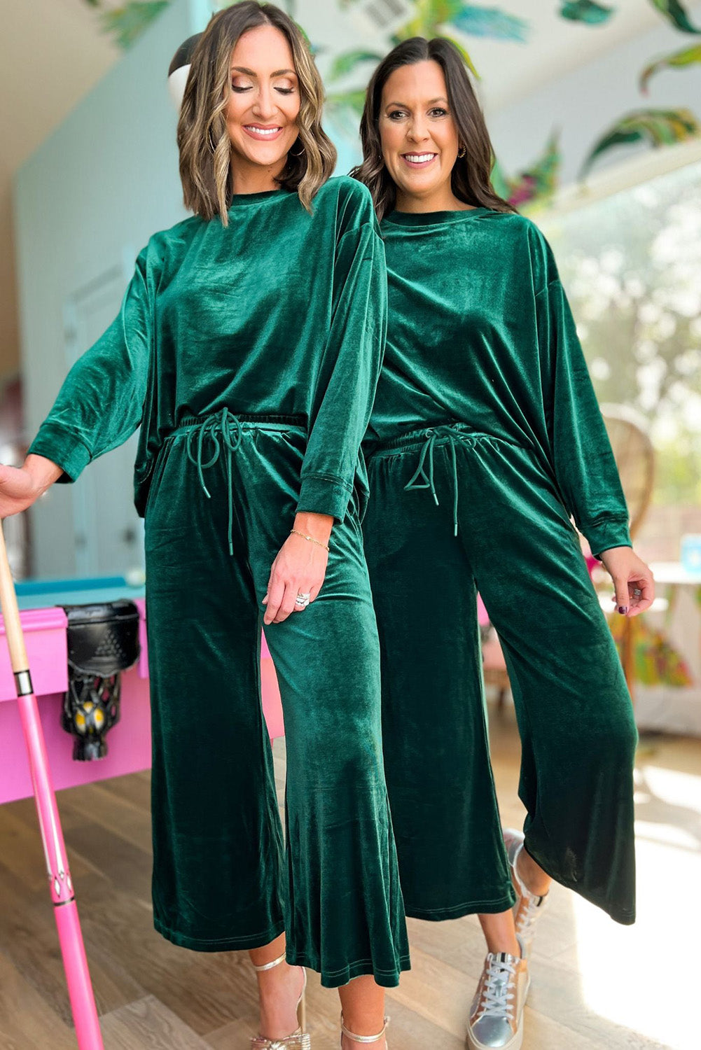 Blackish Green Velvet Long Sleeve Wide Leg Crop Pants Set Bottoms JT's Designer Fashion