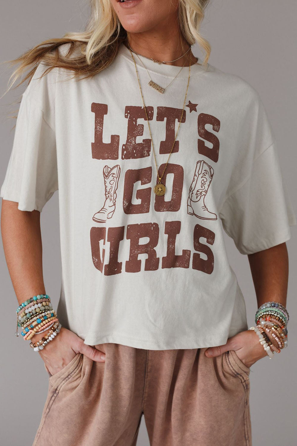 White LETS GO GIRLS Western Boots Graphic Tee Tops & Tees JT's Designer Fashion