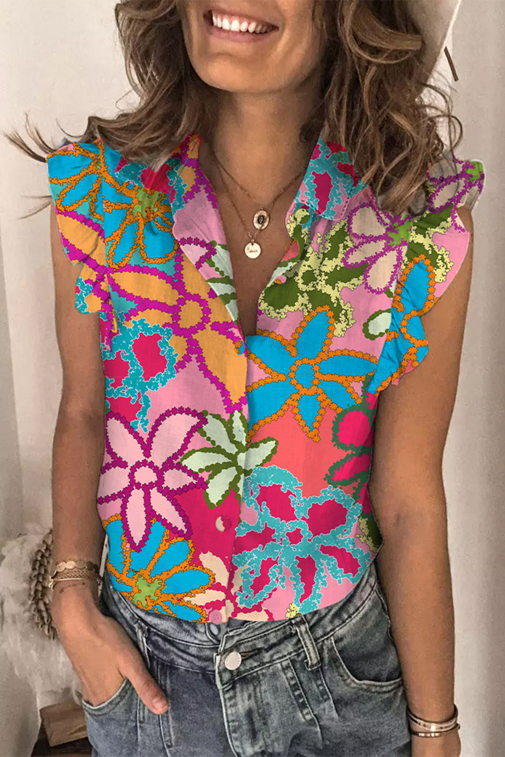 Multicolor Bold Floral Print Ruffle Trim Sleeveless Shirt Tops & Tees JT's Designer Fashion