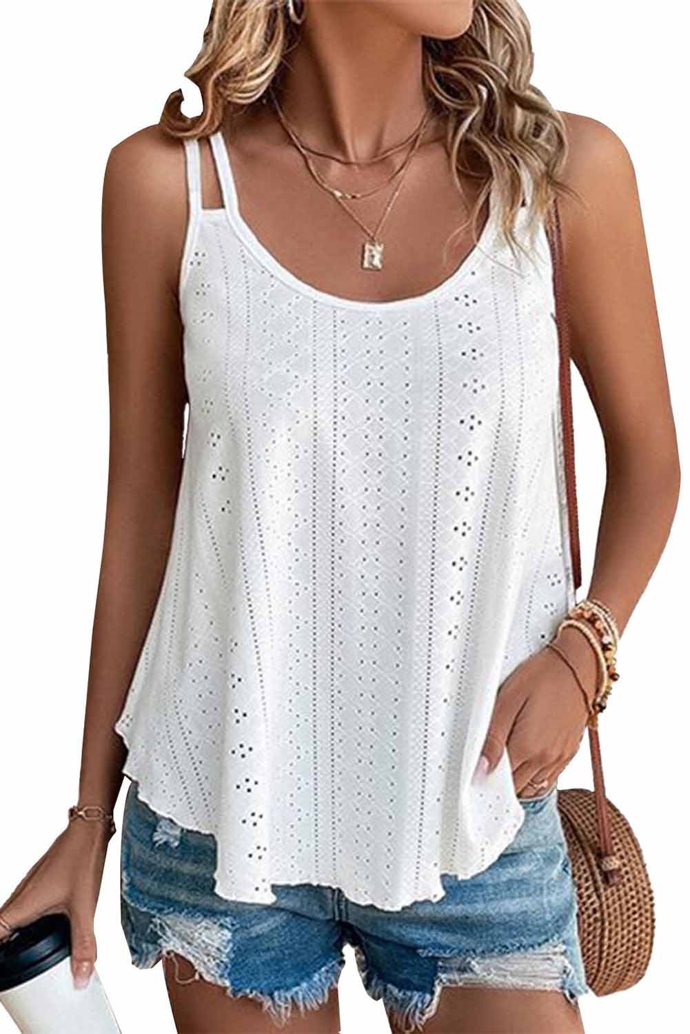 White Eyelet Strappy Scoop-Neck Tank Top Tank Tops JT's Designer Fashion