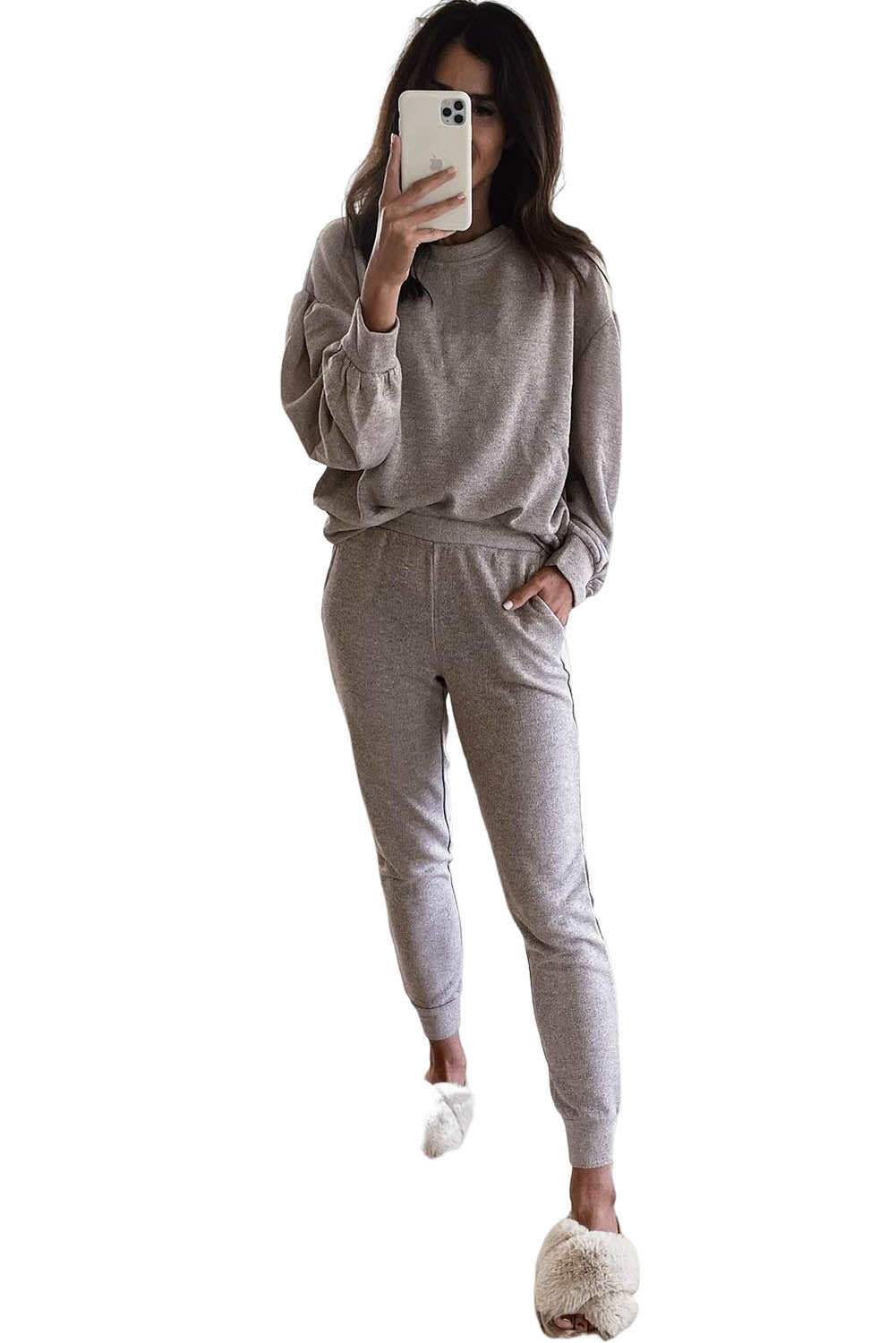 Gray Long Puff Sleeeve Pocketed Casual Two Piece Set Loungewear JT's Designer Fashion