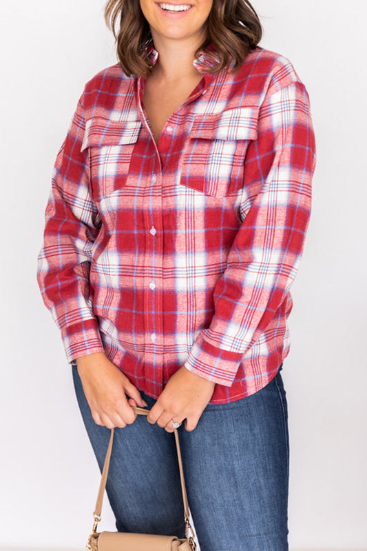 Red Plus Size Plaid Print Flap Pockets Shirt Plus Size JT's Designer Fashion