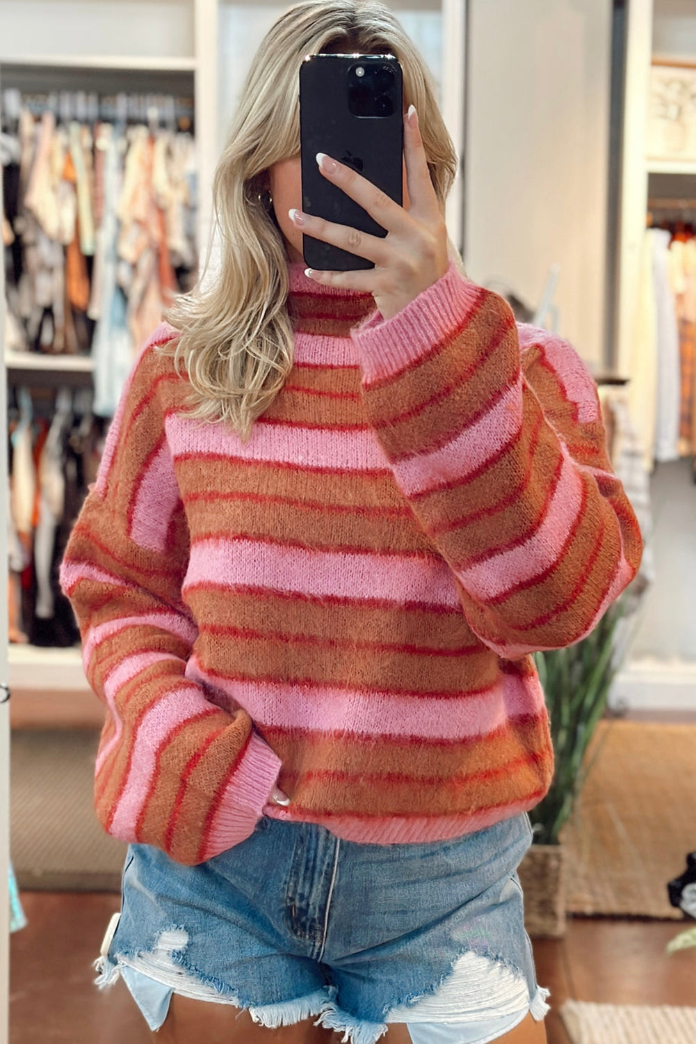 Pink Striped Knit High Neck Drop Shoulder Sweater Pre Order Sweaters & Cardigans JT's Designer Fashion