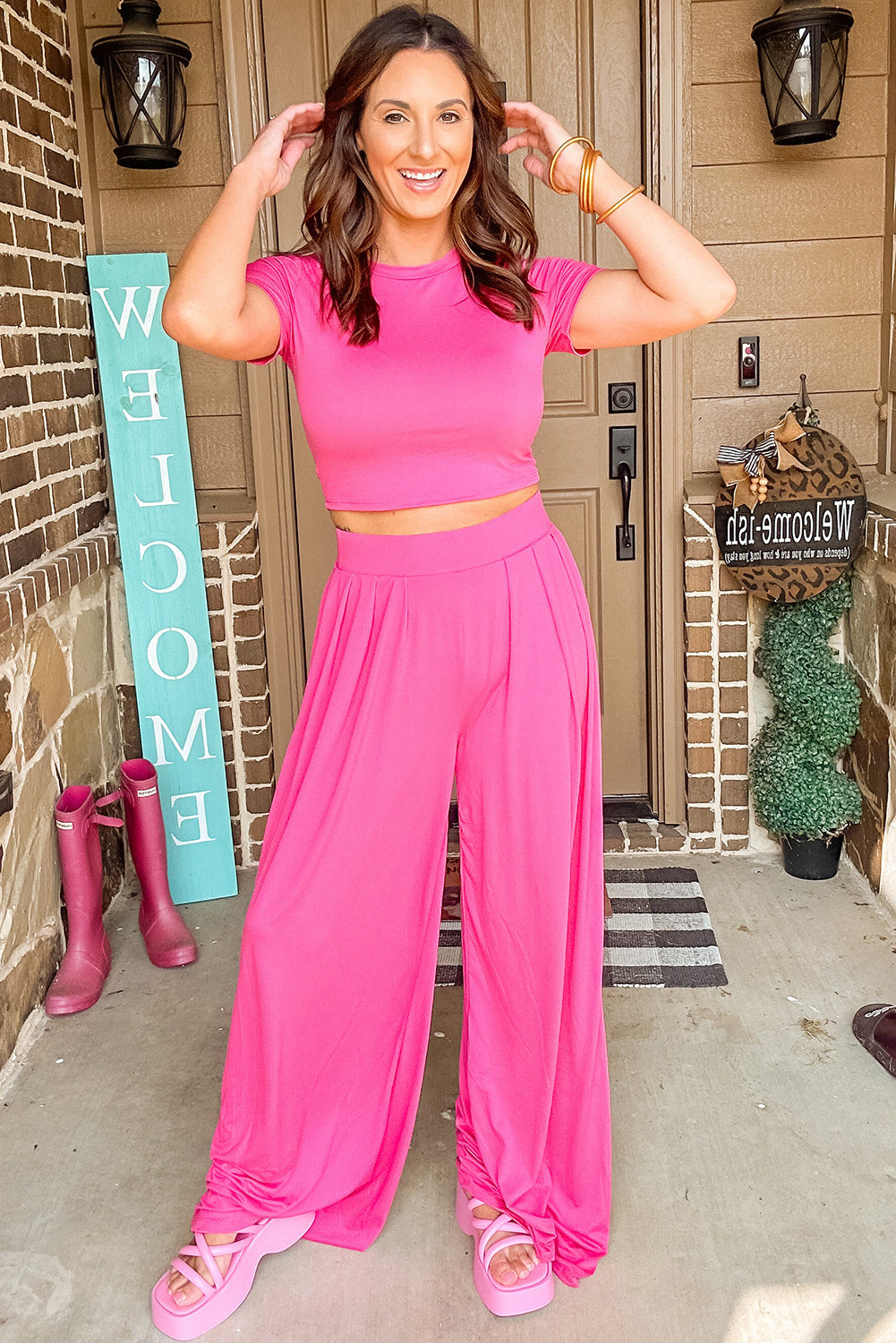 Strawberry Pink Solid Color Slim Fit Crop Top and Wide Leg Pants Set Bottoms JT's Designer Fashion