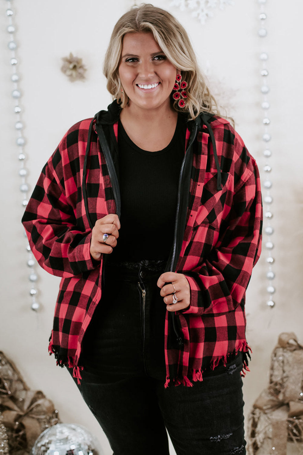 Ruby Plus Size Plaid Hooded Distressed Zip-Up Jacket Plus Size JT's Designer Fashion