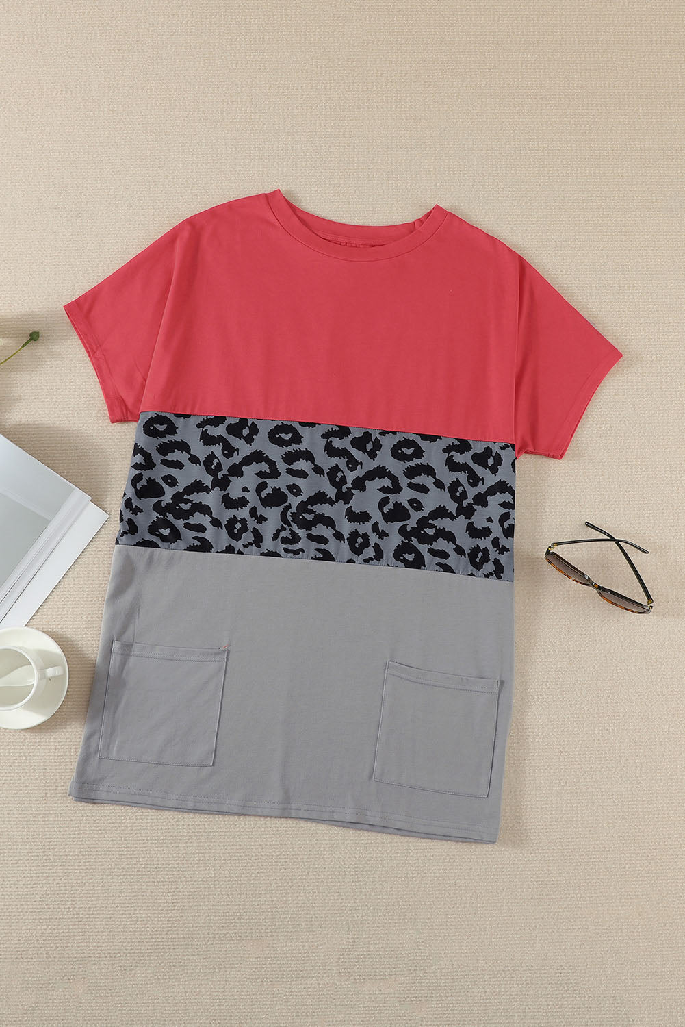 Red Triple Colorblock Splicing Short Sleeve Mini Dress with Pockets T Shirt Dresses JT's Designer Fashion