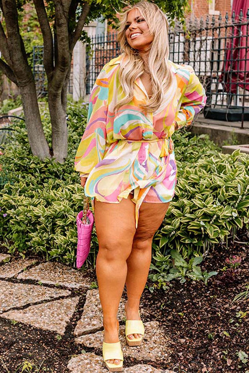 Multicolor Geometric Print Long Sleeve Tied Plus Size Shirt Plus Size JT's Designer Fashion