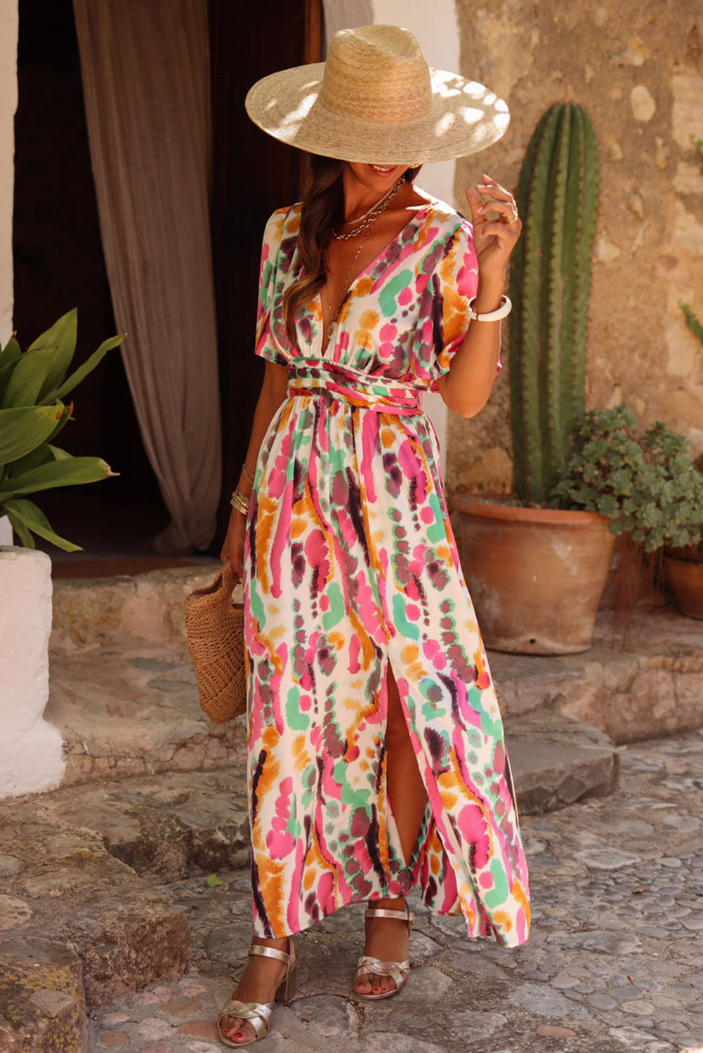 Pink Boho Tie-dye Print V Neck Maxi Dress Dresses JT's Designer Fashion