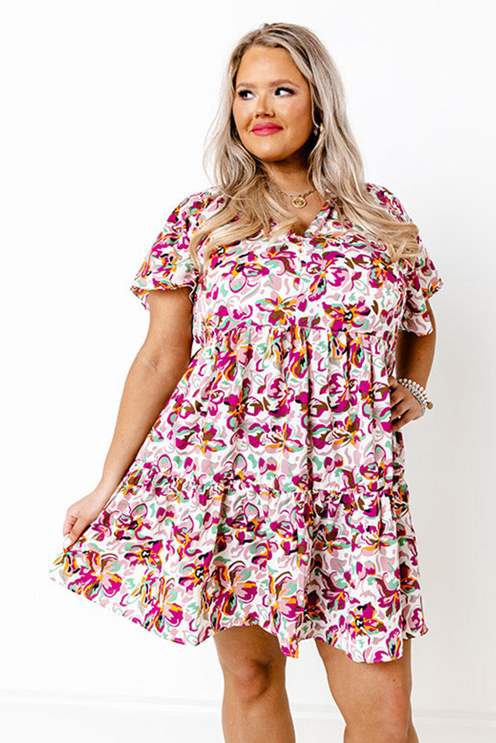 Multicolor Plus Size Floral Print Short Sleeve Ruffle Shift Dress Plus Size JT's Designer Fashion