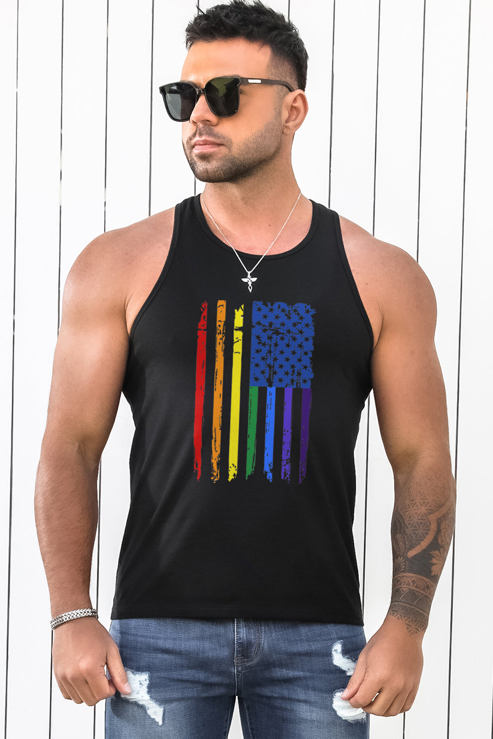 Black Men's Rainbow Color US Flag Printed Racerback Tank Top Men's Tops JT's Designer Fashion