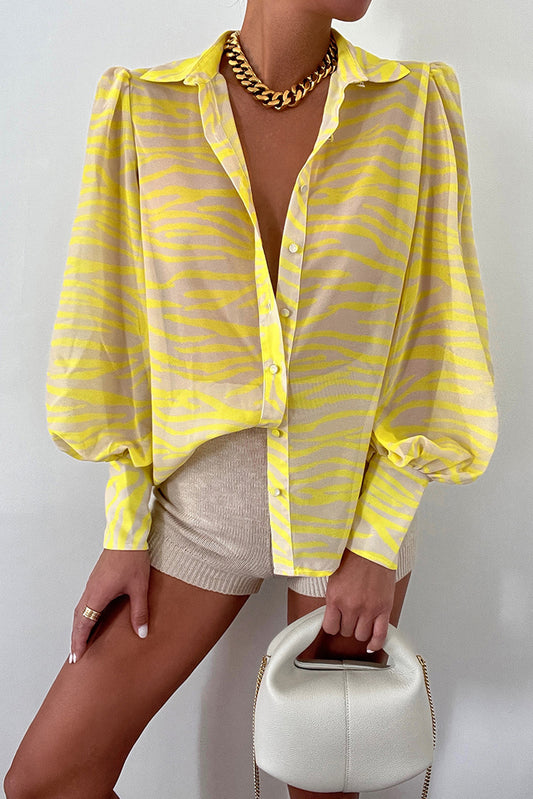 Yellow -22 Swirl Color Block Print Lantern Sleeve Shirt Tops & Tees JT's Designer Fashion