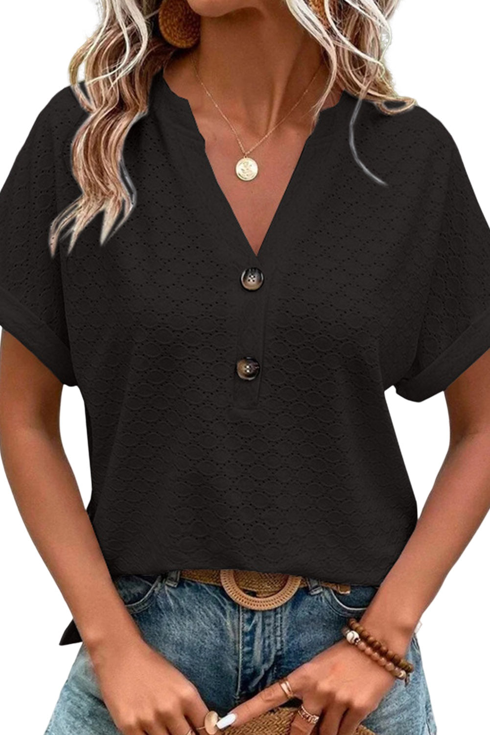 Black Eyelet Button-Accent Notch Neck Top Tops & Tees JT's Designer Fashion