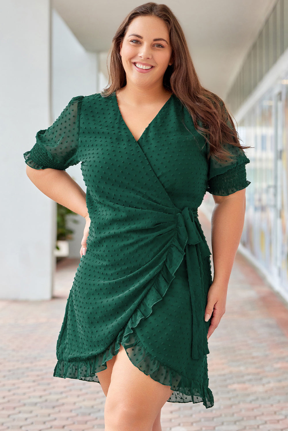 Green Plus Size Swiss Dot Puff Sleeve Wrap Dress Plus Size Dresses JT's Designer Fashion