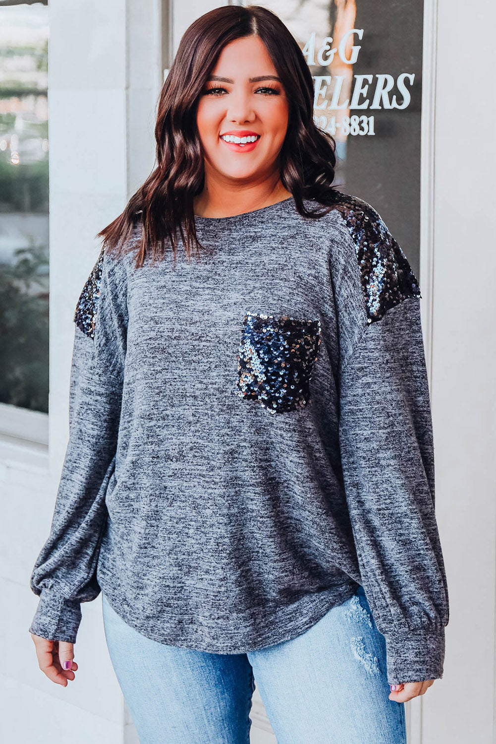 Gray Sequin Patchwork Long Sleeve Plus Size T Shirt Plus Size JT's Designer Fashion