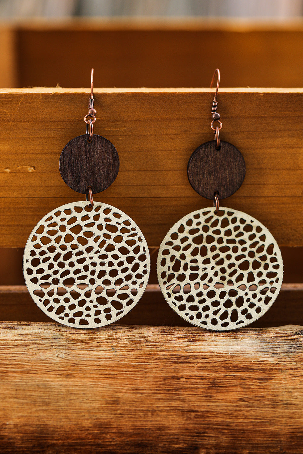 Beige Hollow Out Wooden Round Drop Earrings Jewelry JT's Designer Fashion