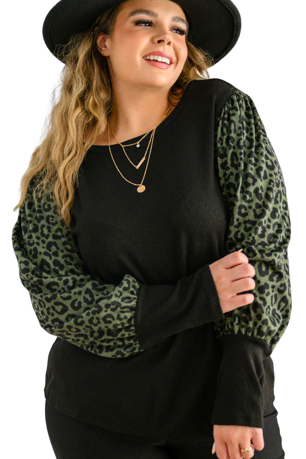 Black Leopard Contrast Long Sleeve Plus Size Top Plus Size JT's Designer Fashion