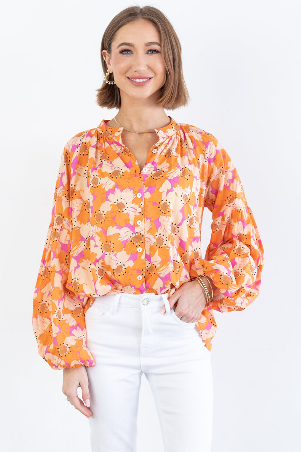 Orange Floral Print Loose Sleeve Shirt Tops & Tees JT's Designer Fashion