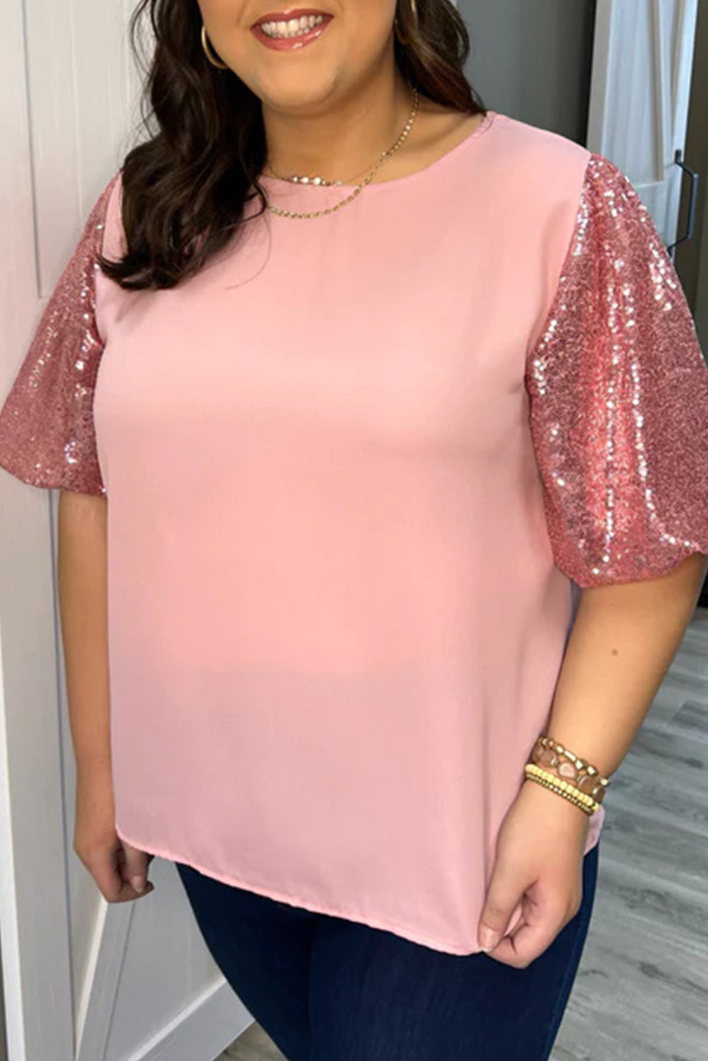 Pink Contrast Sequin Sleeve Plus Size T-shirt Plus Size JT's Designer Fashion