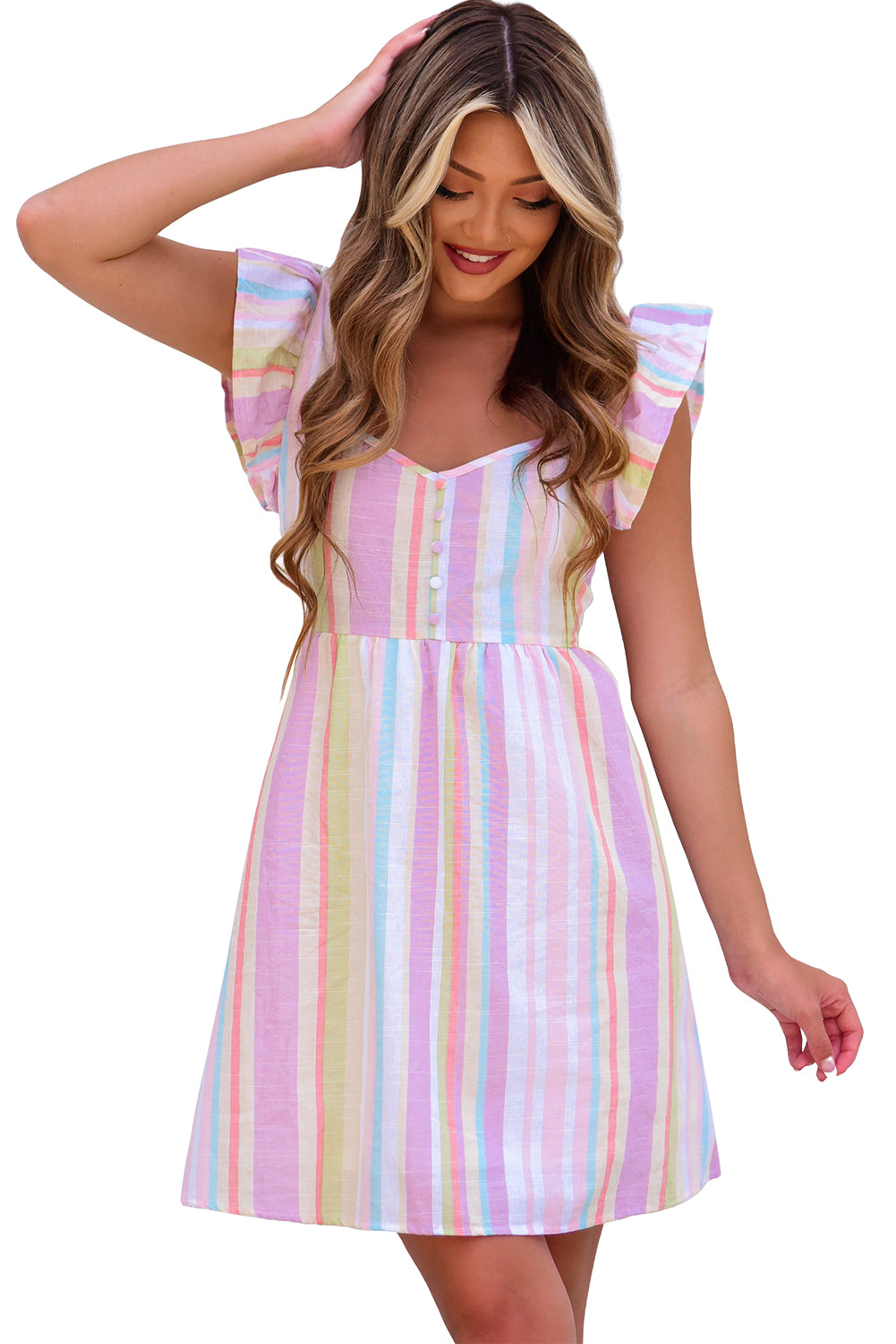 Pink Striped Button Sweetheart Flutter Sleeve Dress Mini Dresses JT's Designer Fashion