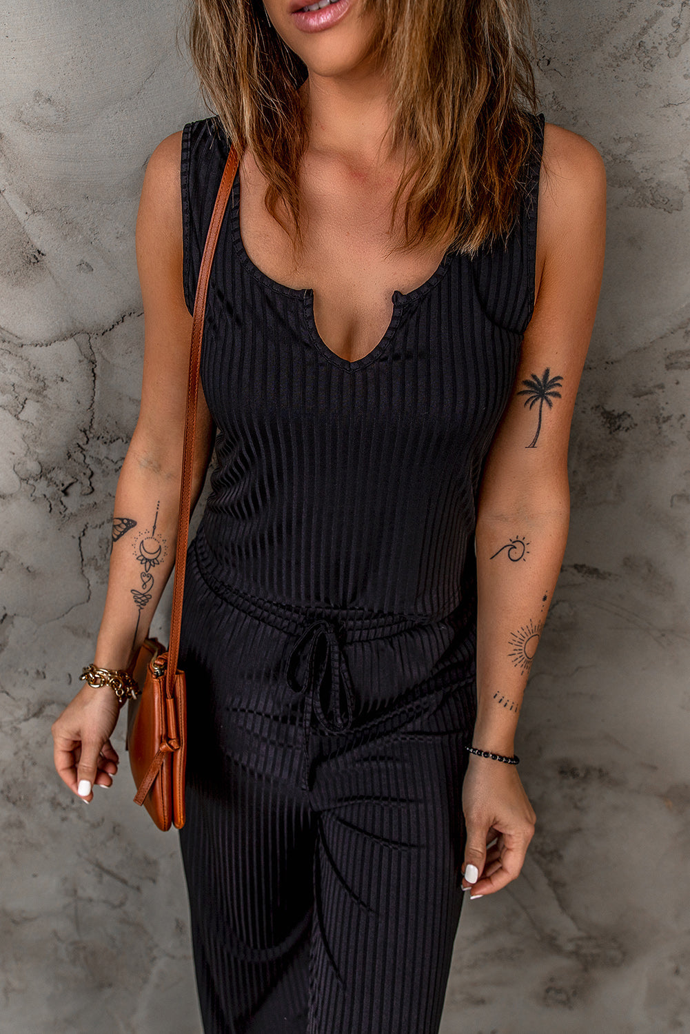 Black Rib Knit Notch Neck Tank and Wide-leg Pants Set Jumpsuits & Rompers JT's Designer Fashion