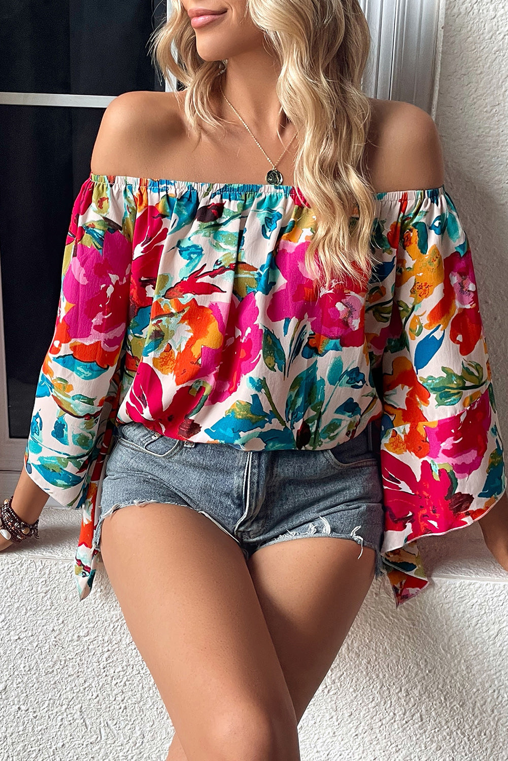 Multicolor Floral Print Off Shoulder Wide Sleeve Blouse Tops & Tees JT's Designer Fashion