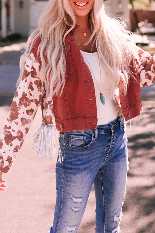 Red Abstract Print Sleeve Split Fringed Back Denim Jacket Denim jackets JT's Designer Fashion