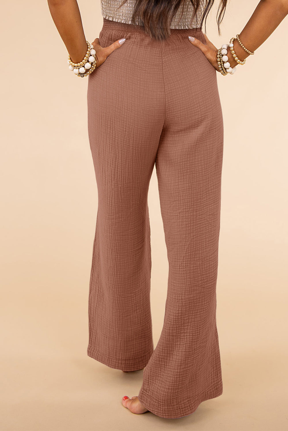 Pink Khaki Textured High Waist Wide Leg Plus Size Pants Plus Size JT's Designer Fashion