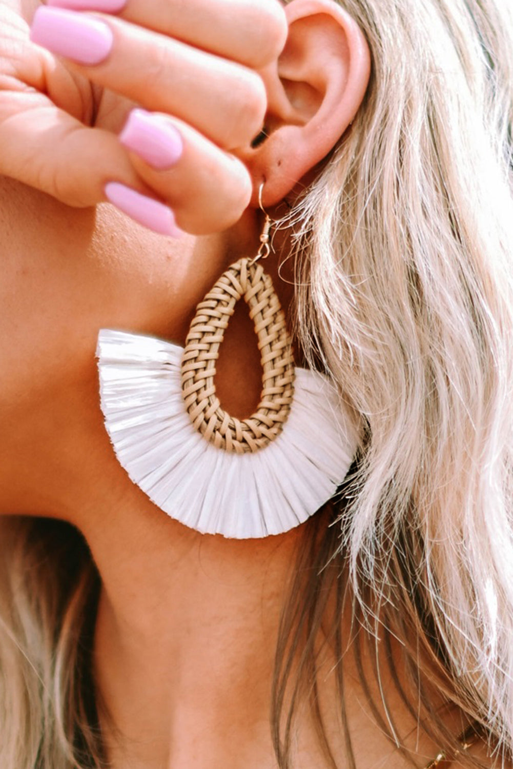 Beige Bohemian Semi-circle Woven Drop Earrings Jewelry JT's Designer Fashion