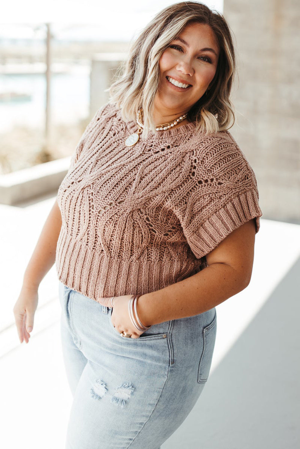 Smoke Gray Eyelet Crochet Short Sleeve Plus Size Knitted Top Plus Size JT's Designer Fashion