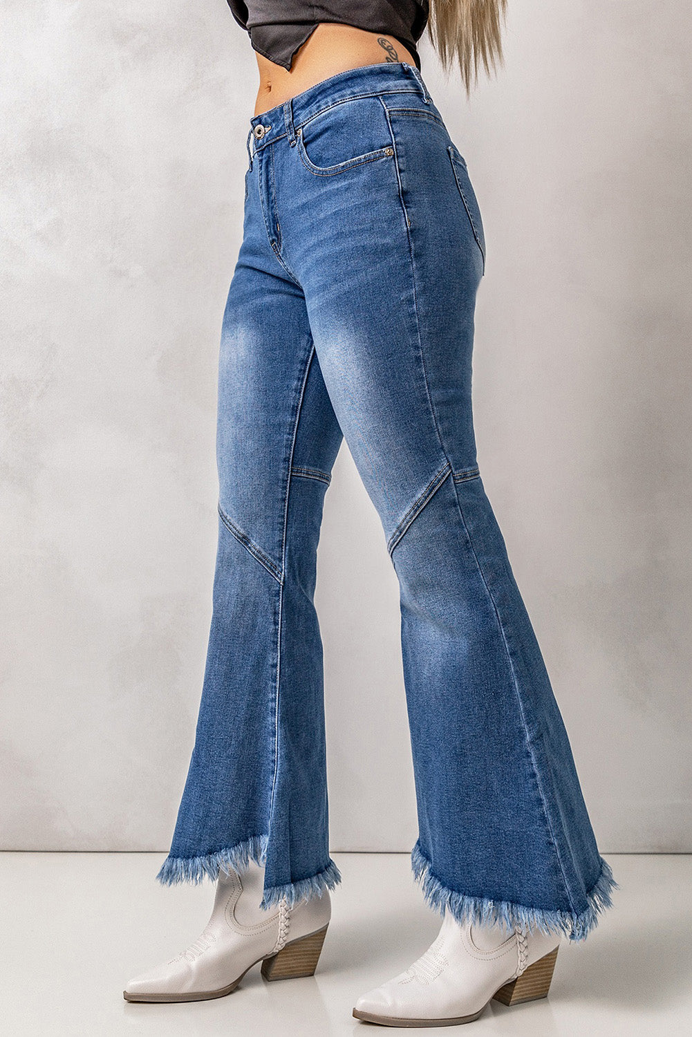 Sky Blue Vintage Frayed Tassel Bell Bottom Pants Jeans JT's Designer Fashion