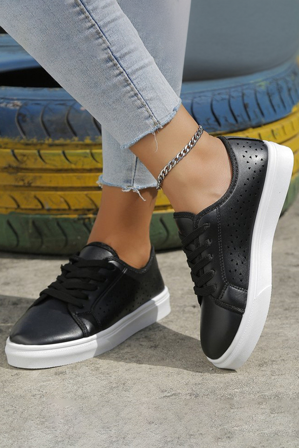 Black Lace up Laser Cut Leather Sneakers Women's Shoes JT's Designer Fashion