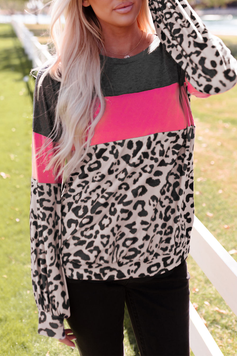 Leopard Color Block Leopard Patchwork Puff Sleeve Top Long Sleeve Tops JT's Designer Fashion
