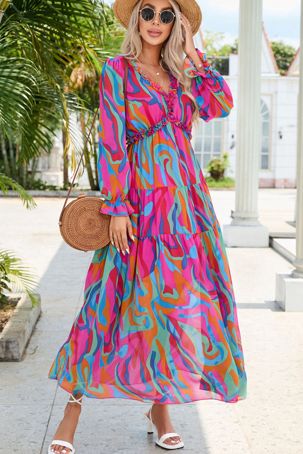 Multicolour Camo Print Frilled V Neck Plus Size Maxi Dress Plus Size JT's Designer Fashion