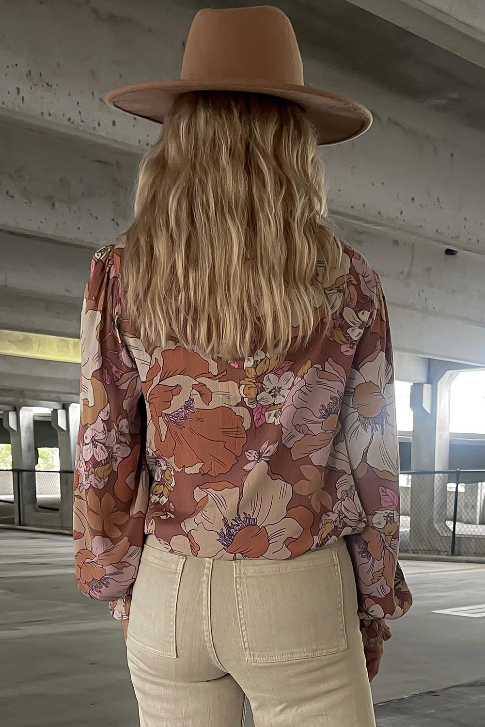 Brown Frilled V Neck Bubble Sleeve Floral Blouse Blouses & Shirts JT's Designer Fashion