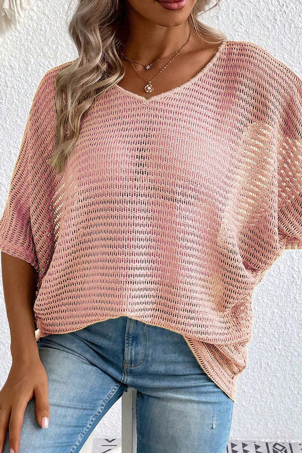 Dusty Pink Textured Batwing Sleeve V Neck Blouse Tops & Tees JT's Designer Fashion