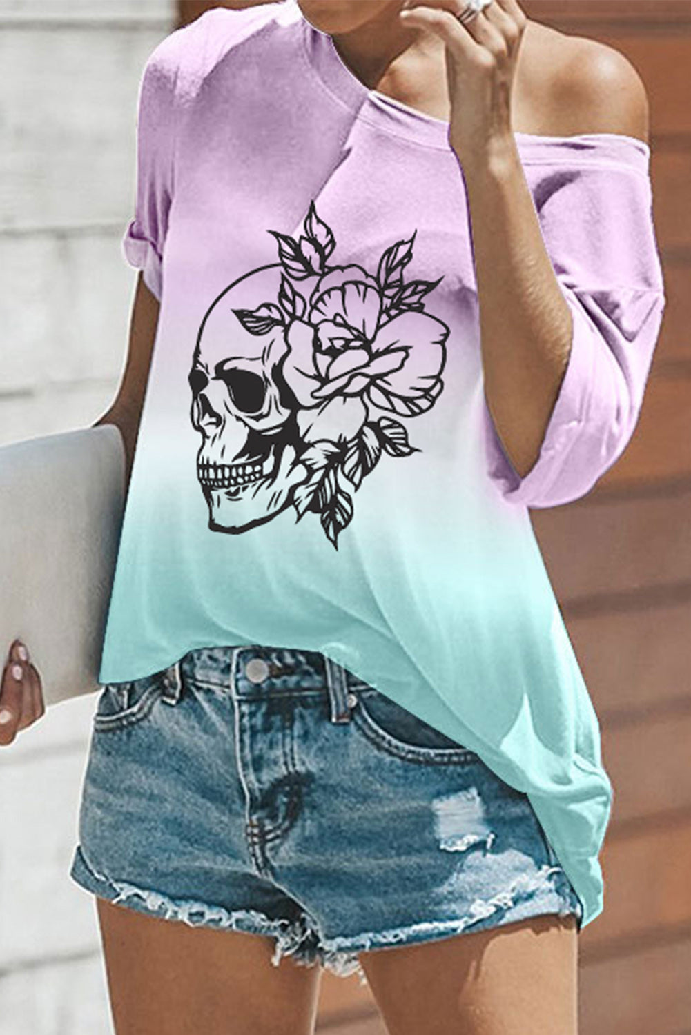 Purple Skull & Floral Print Ombre T Shirt Graphic Tees JT's Designer Fashion