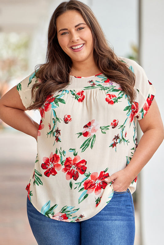 Beige Plus Size Floral Print T-shirt Plus Size Tops JT's Designer Fashion